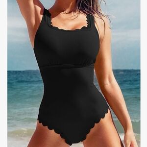Charmo Elegant Black Scalloped One-Piece Swimsuit w/ Built In UPF 50 Protection